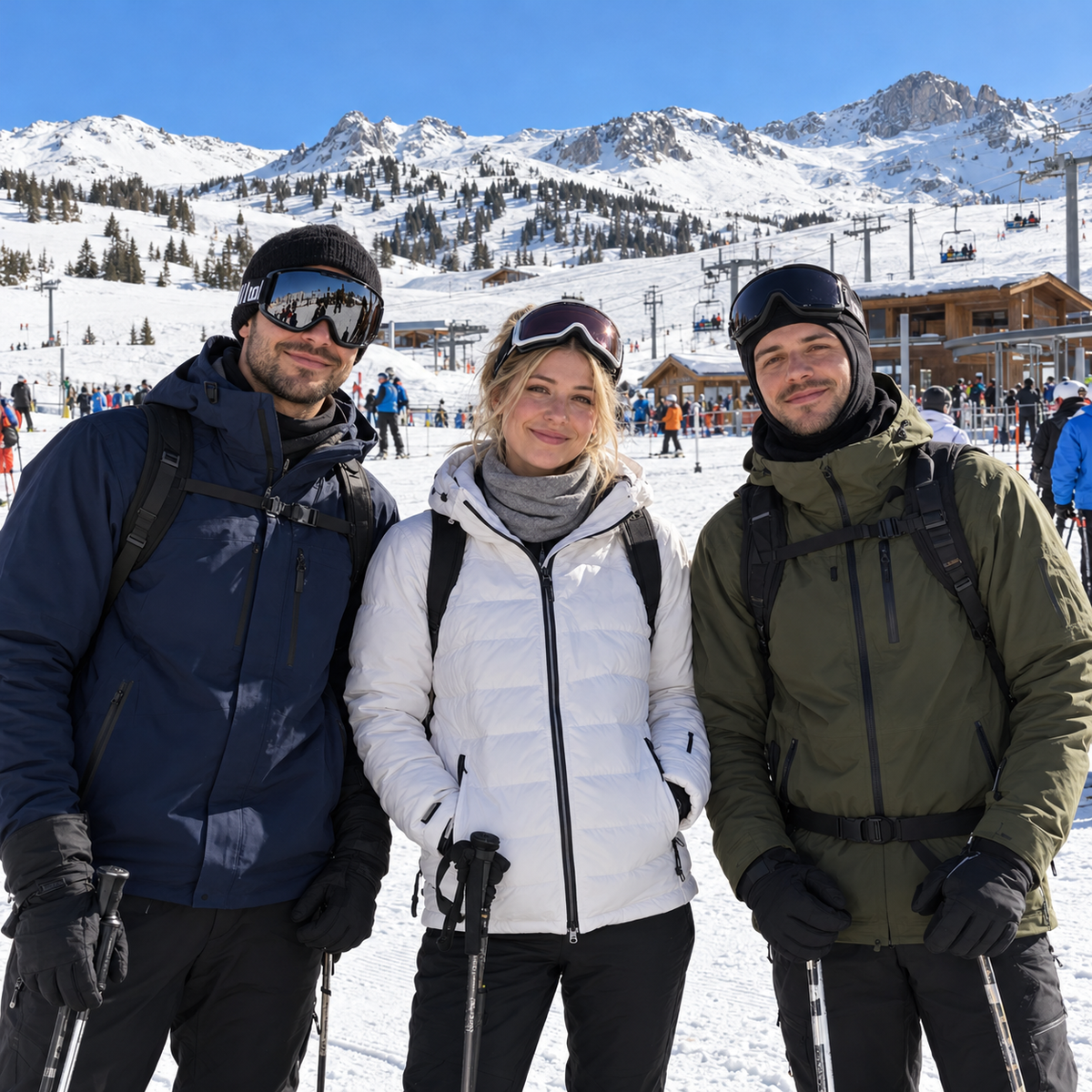 Three friends in regular ski gear