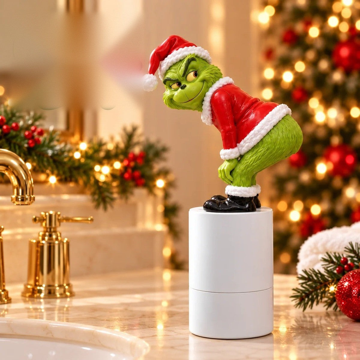 Cheeky Suds holiday soap dispenser — beside sink