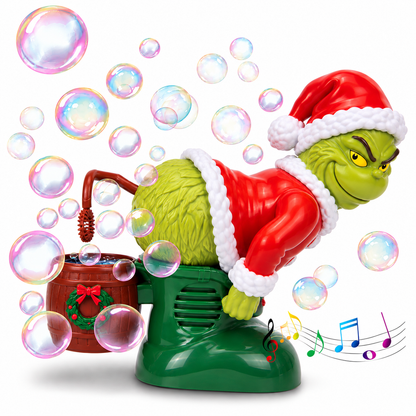 Green Grinch in red Santa outfit bubble machine