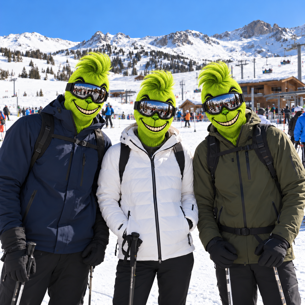 Three friends wearing green Grumpy Masks