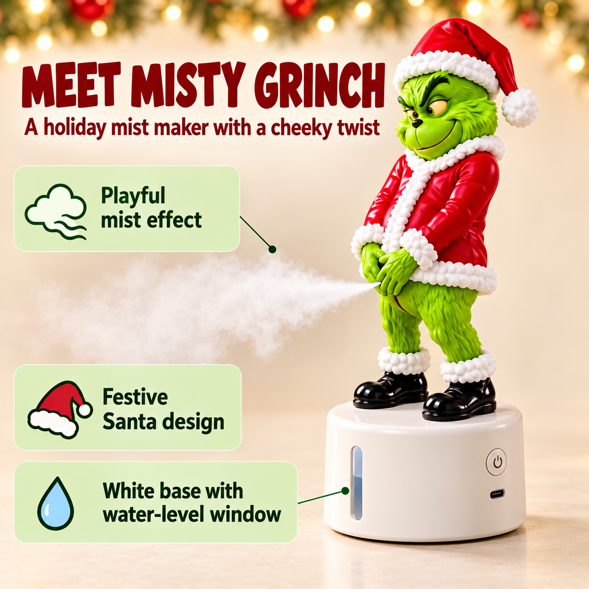 Meet Misty Grinch: festive mist maker, Santa design, and water-level window