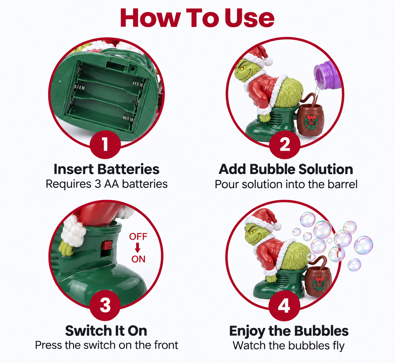How to use: insert 3 AA batteries, add bubble solution, switch on, and enjoy the bubbles